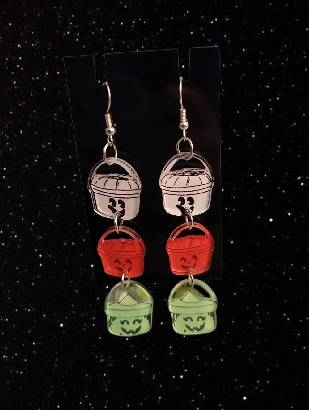 Triple Tier Halloween Bucket Dangle Earrings - Red, White, Green